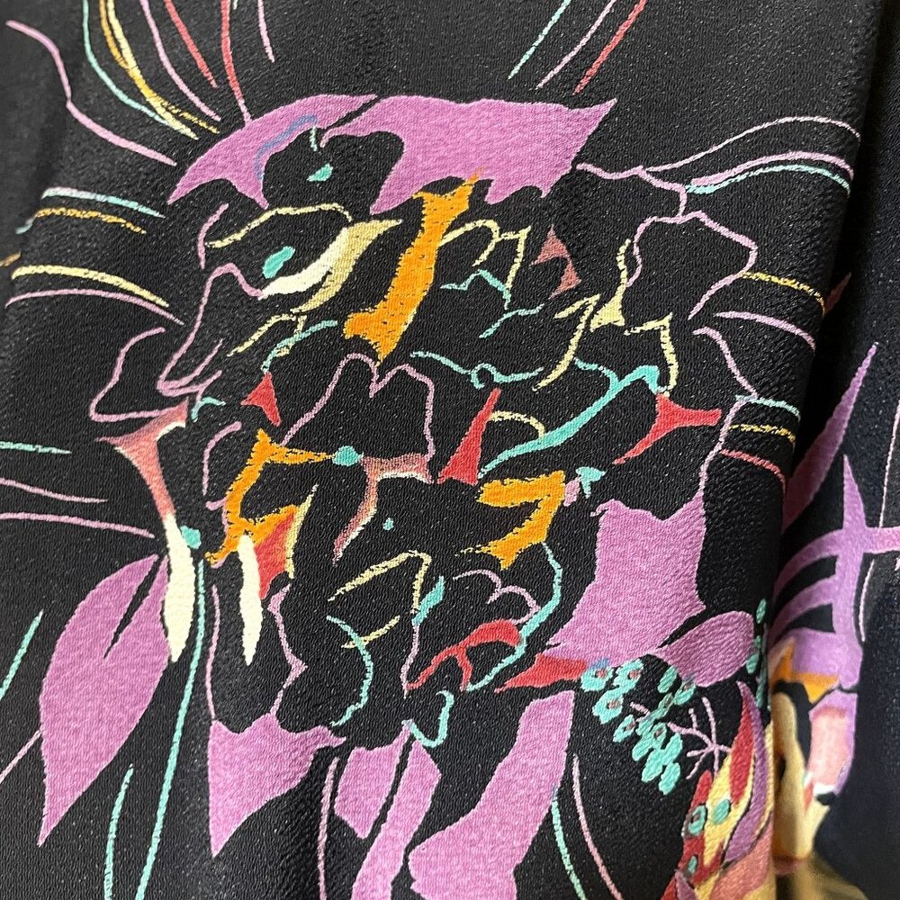 80s Vintage Black and Purple Floral Crepe Cap Sleeve Midi Shirt Dress Size S - Picture 6 of 7